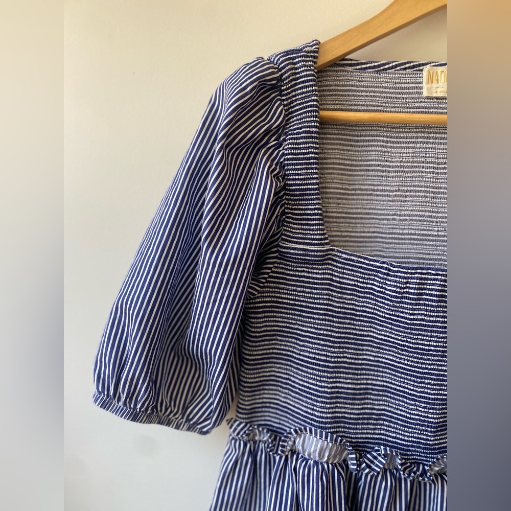 Nation LTD | Large Blue and White Striped 100% Pima Cotton Smocked Dress - Picture 4 of 6